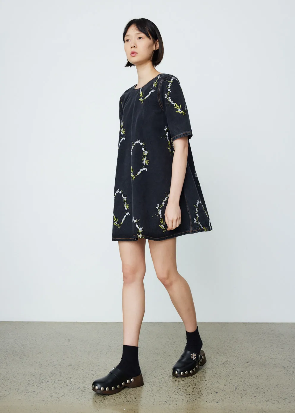 Embroidery Denim A-Line Mini Dress