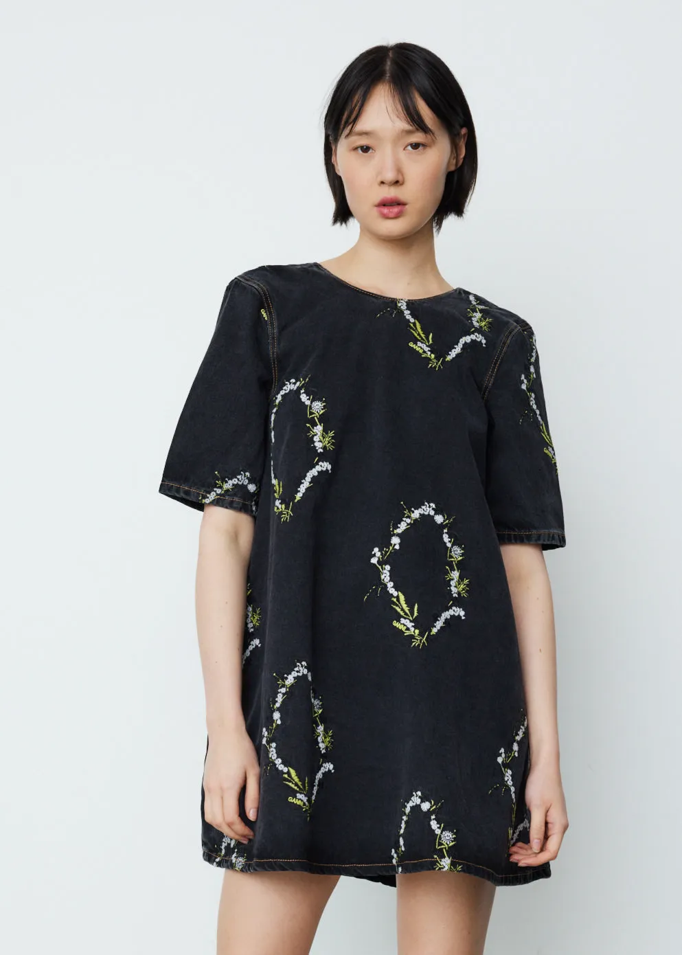 Embroidery Denim A-Line Mini Dress