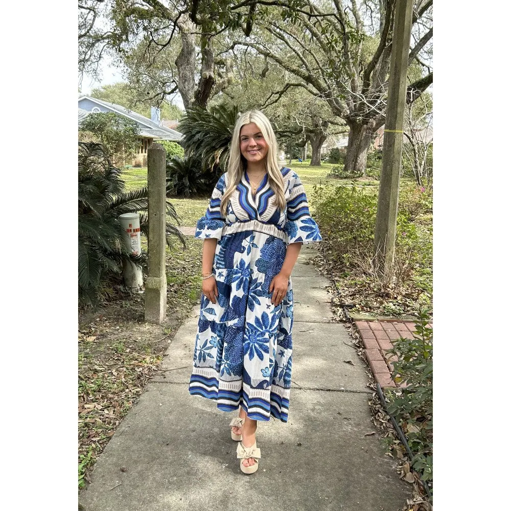 Floral 3/4 Sleeve Dress (Available in Blue or Burgundy)
