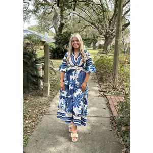 Floral 3/4 Sleeve Dress (Available in Blue or Burgundy)
