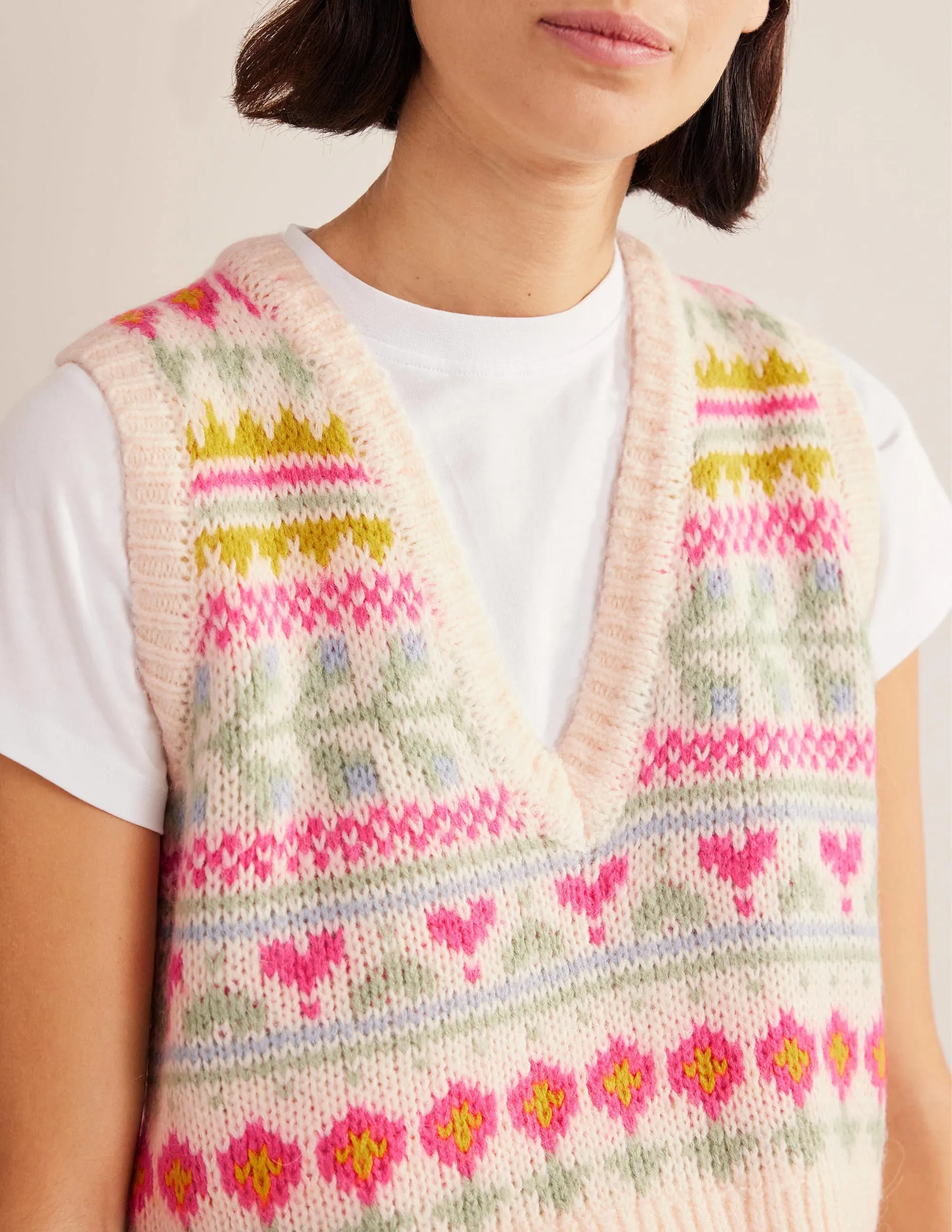 Fluffy Cropped Fair Isle Tank-Ivory, Multi Fairisle