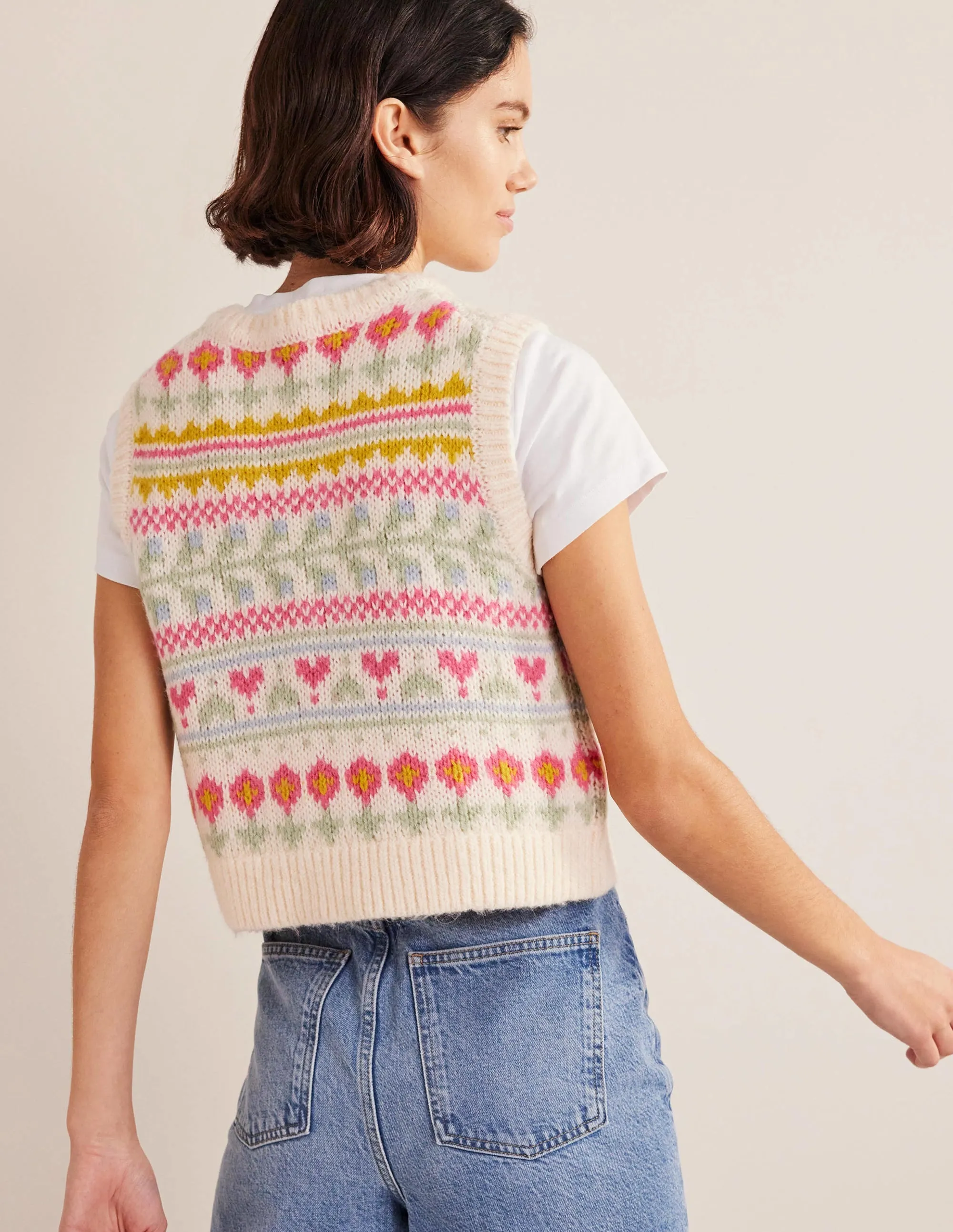 Fluffy Cropped Fair Isle Tank-Ivory, Multi Fairisle