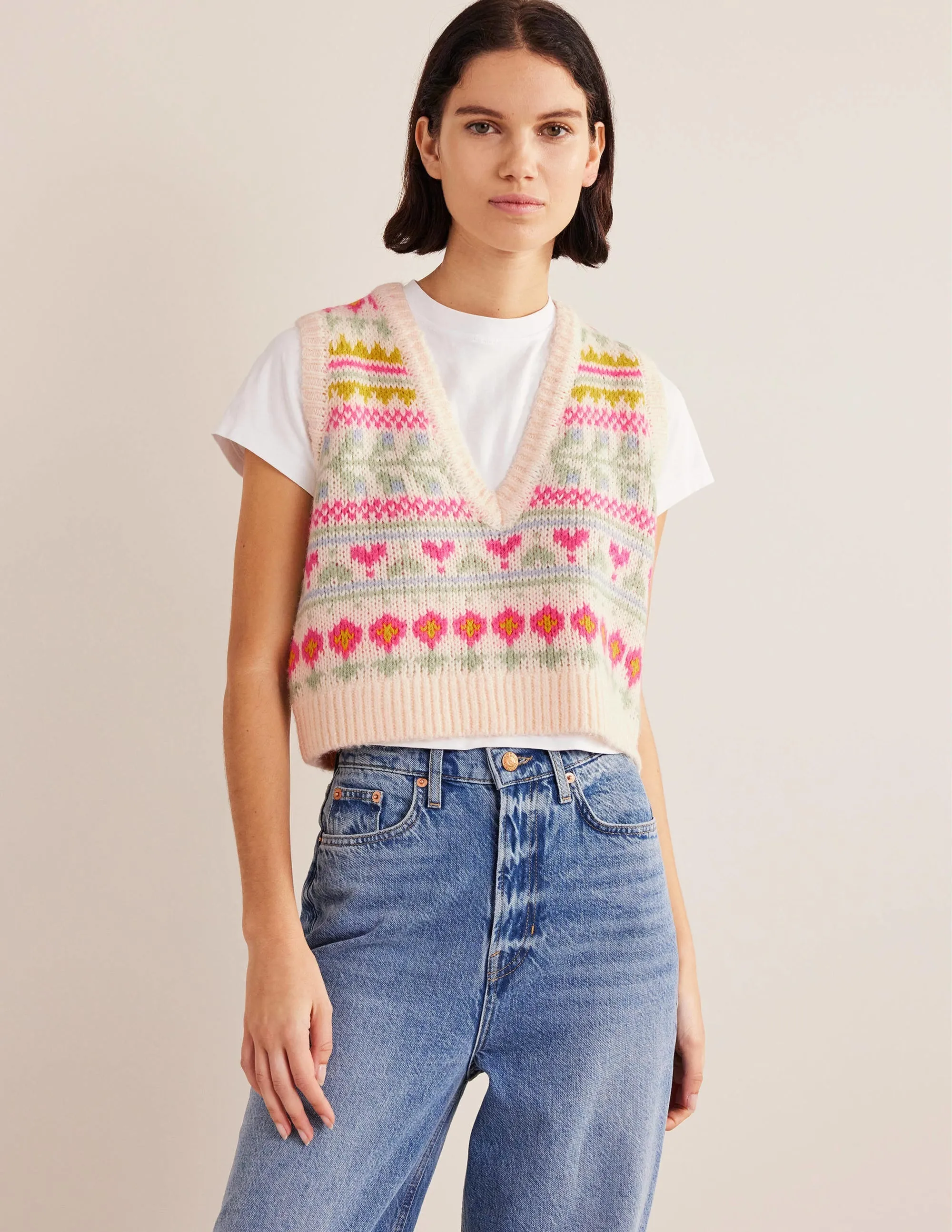 Fluffy Cropped Fair Isle Tank-Ivory, Multi Fairisle