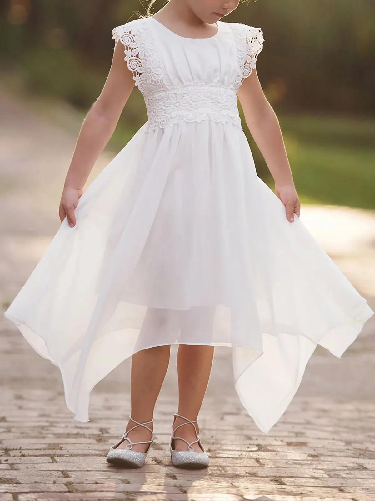 Girl Dresses Summer Dress Lace Flower Sleeveless Casual A-Line Asymmetrical Flowy Maxi Dress Boho Dresses Flower Girl Dress Wedding Party for Toddler Child 1-7 Years, White, 3-4Y