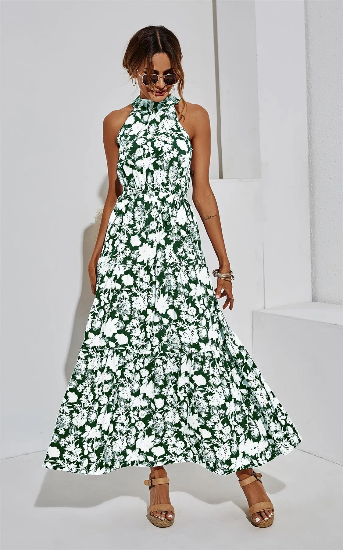 Halter Neck Midi Layer Dress In Green & White Flora Print