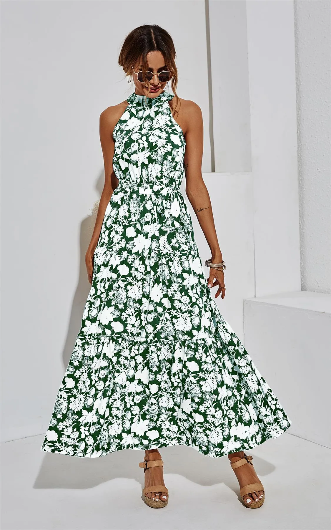 Halter Neck Midi Layer Dress In Green & White Flora Print