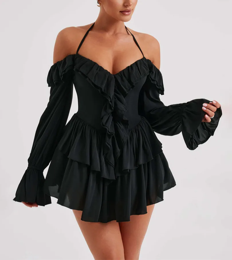 Halter Neck Ruffled Trim Mini Dress