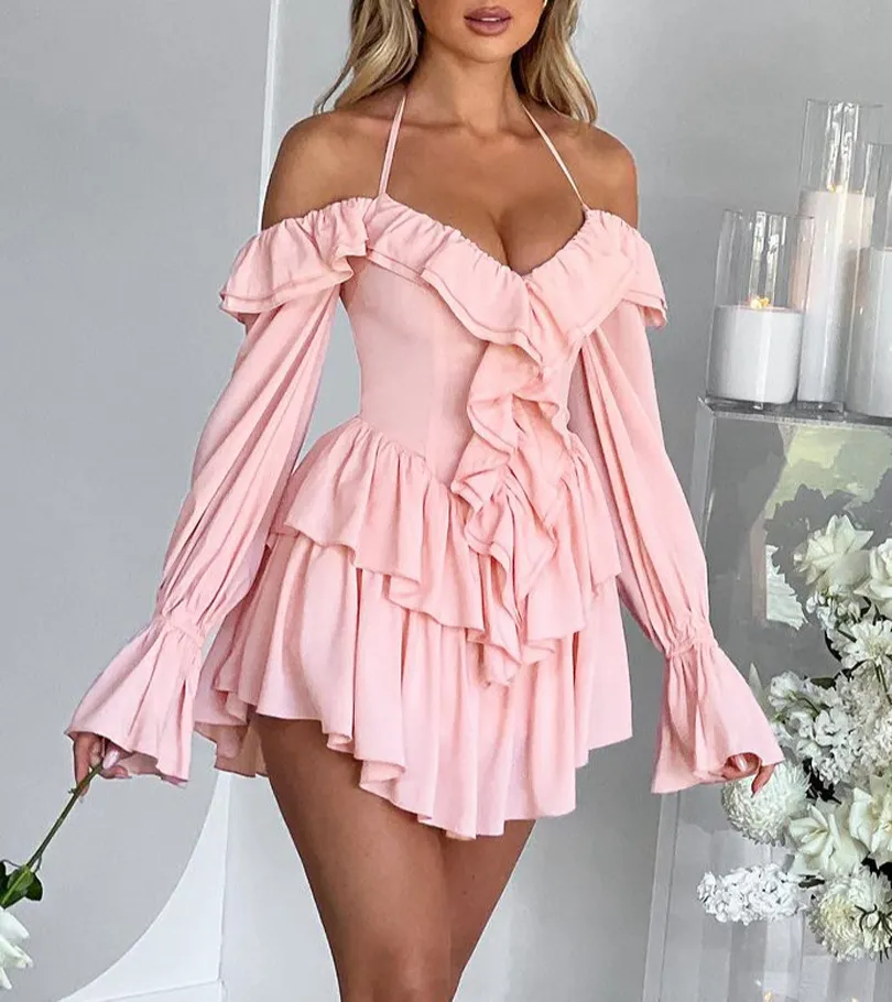 Halter Neck Ruffled Trim Mini Dress
