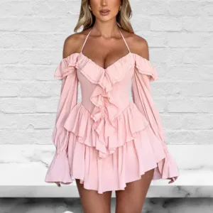 Halter Neck Ruffled Trim Mini Dress