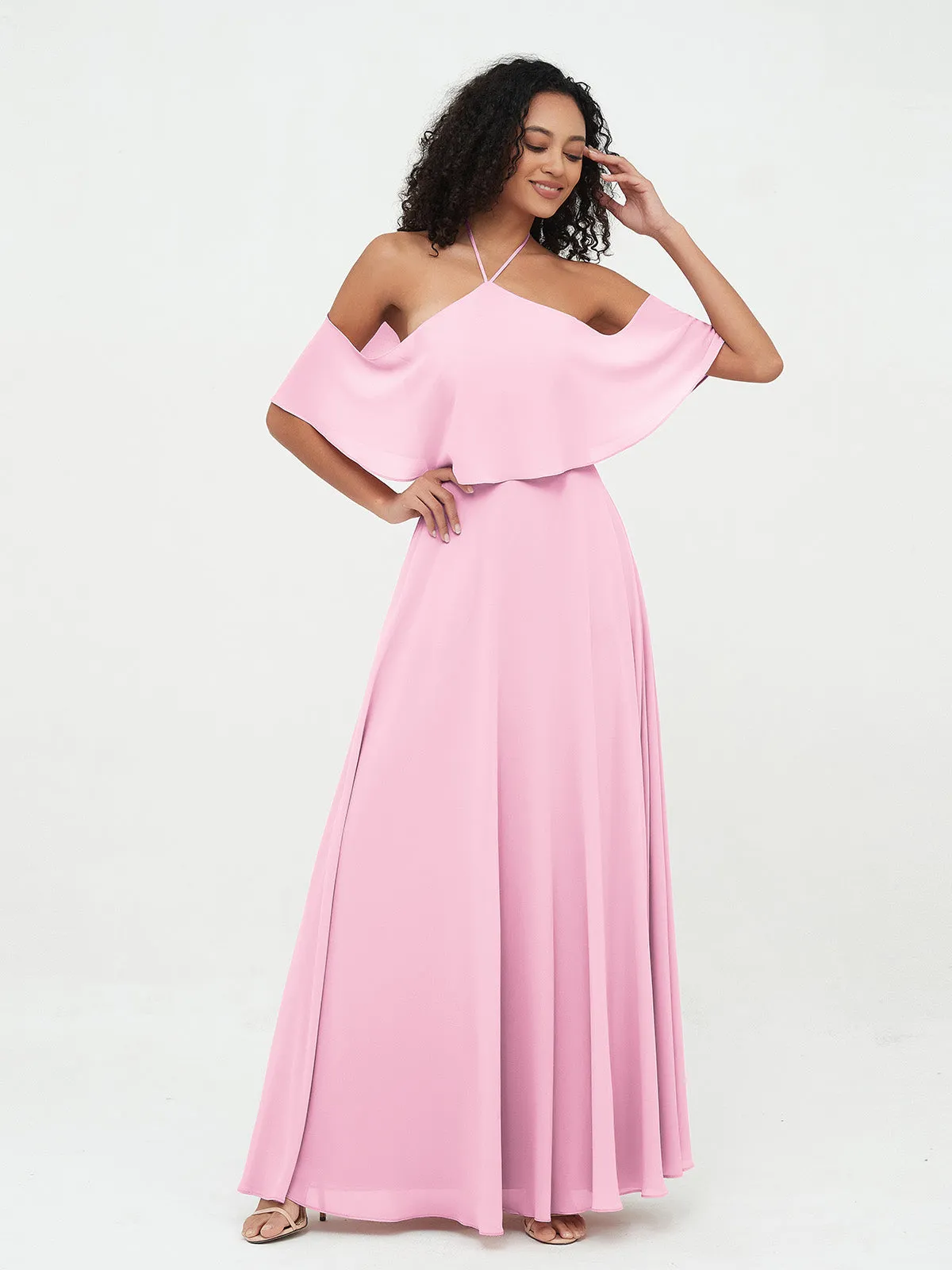 Halter Off the Shoulder Max Dresses with Pockets-Candy Pink