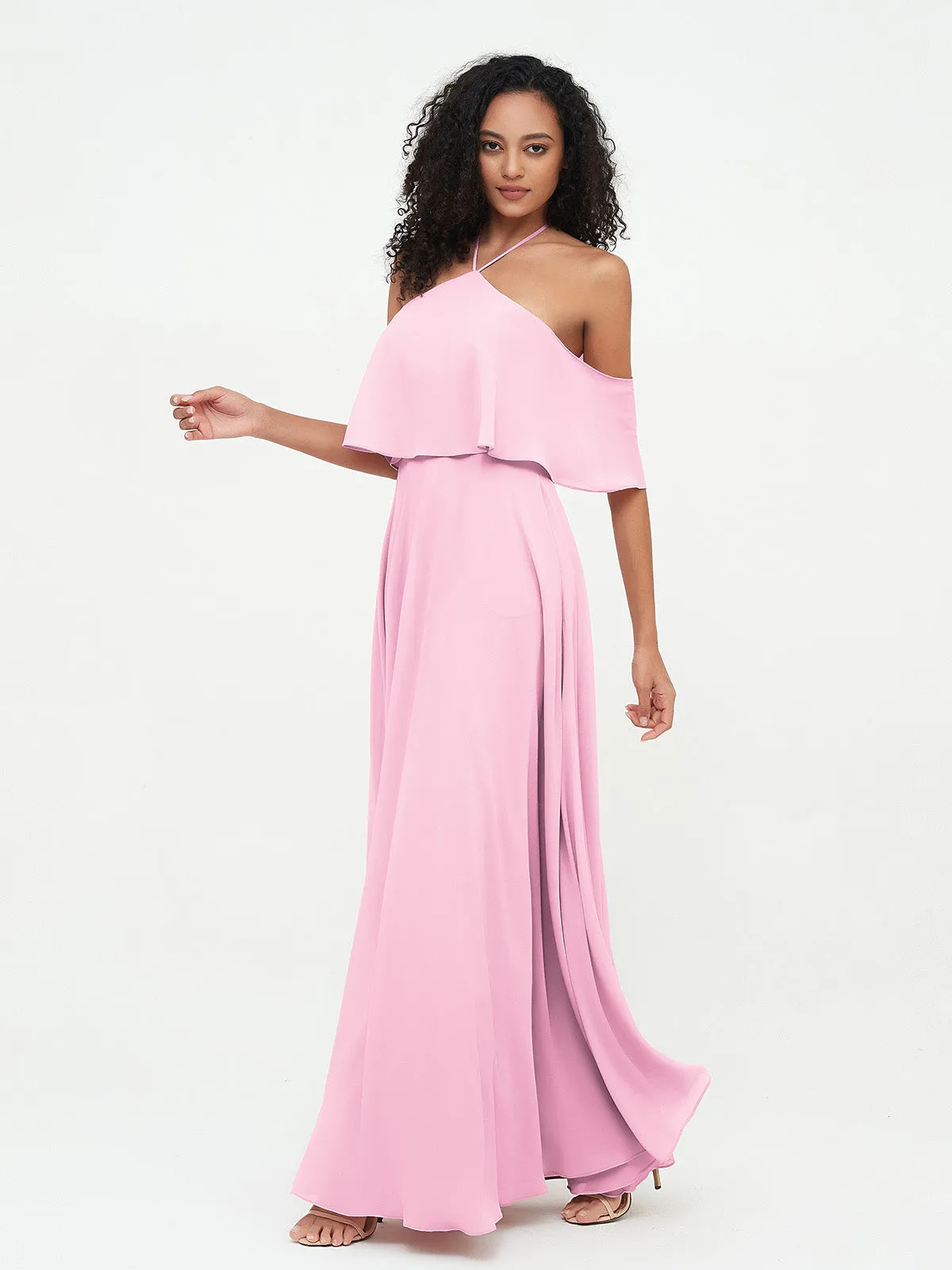 Halter Off the Shoulder Max Dresses with Pockets-Candy Pink