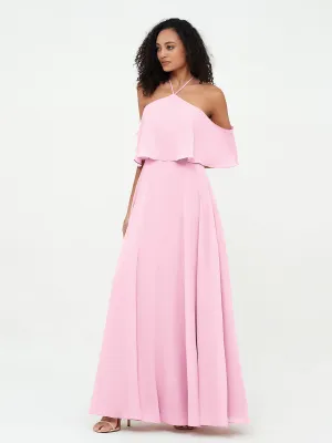 Halter Off the Shoulder Max Dresses with Pockets-Candy Pink