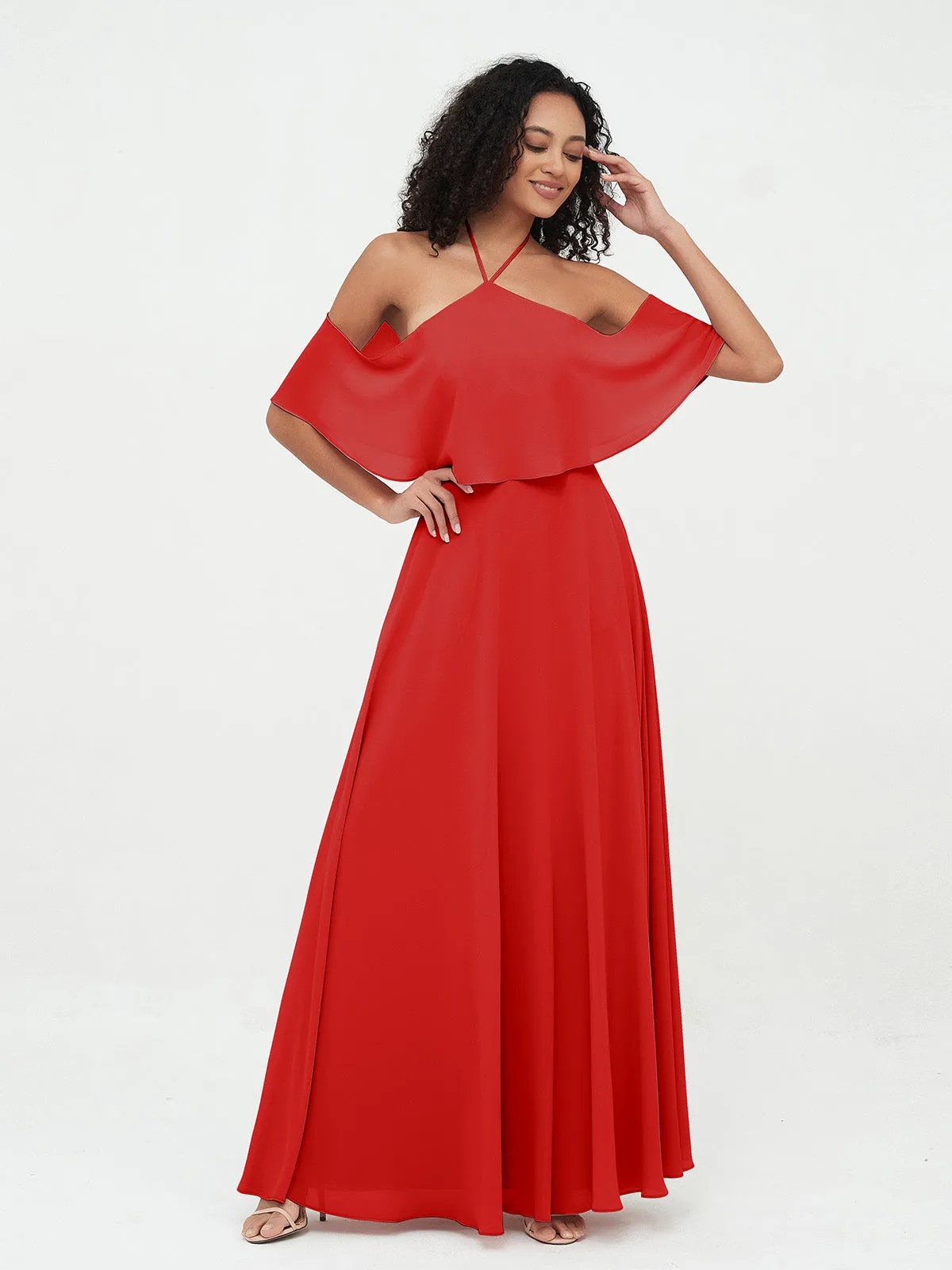 Halter Off the Shoulder Max Dresses with Pockets-Red