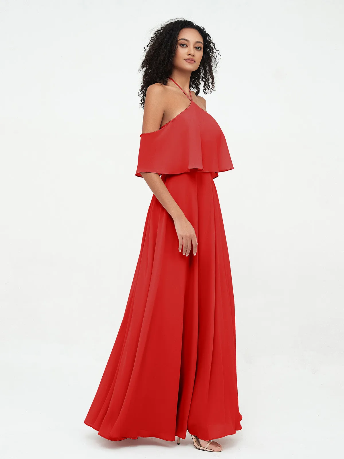 Halter Off the Shoulder Max Dresses with Pockets-Red