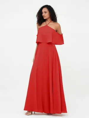 Halter Off the Shoulder Max Dresses with Pockets-Red