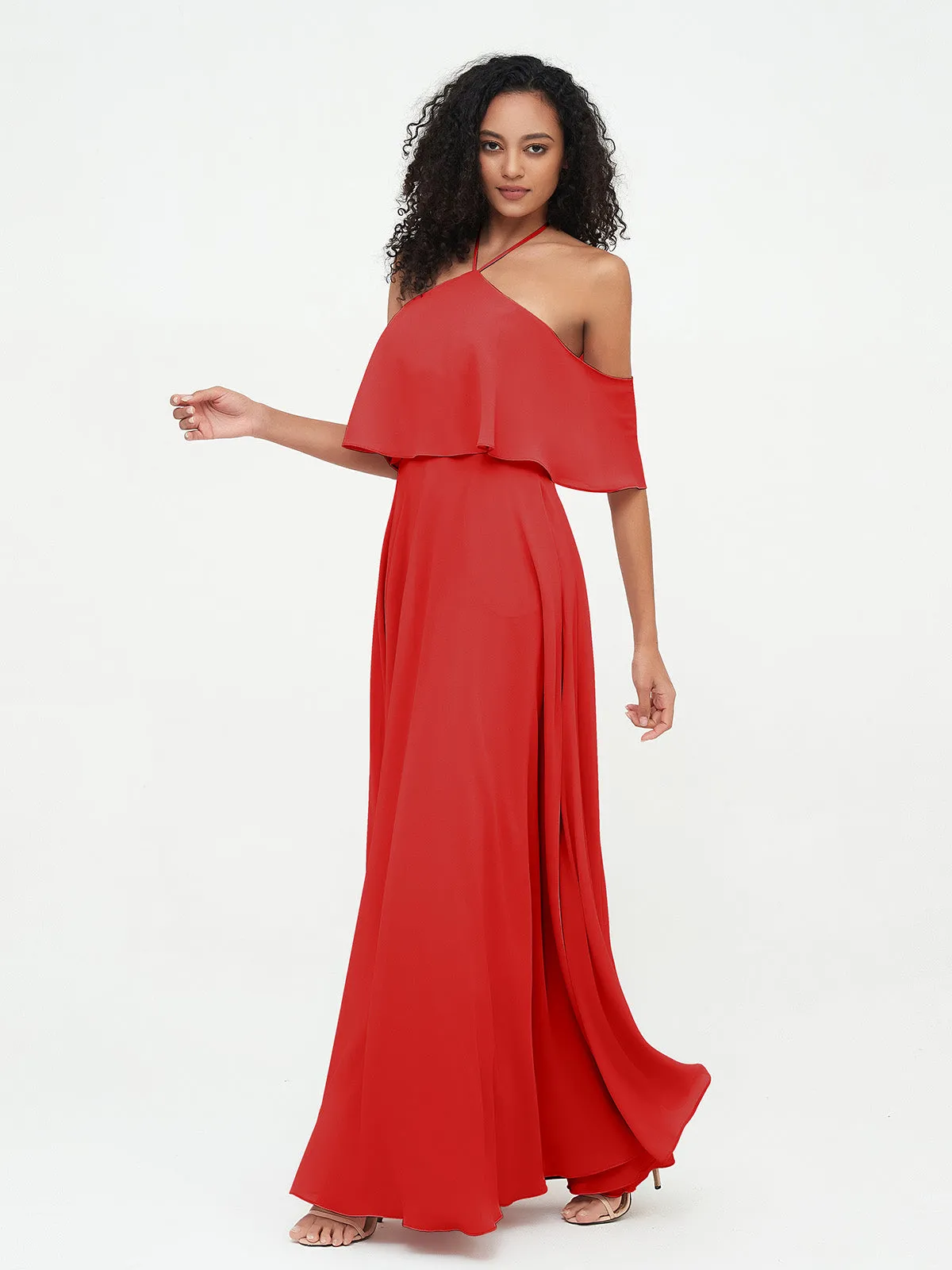 Halter Off the Shoulder Max Dresses with Pockets-Red
