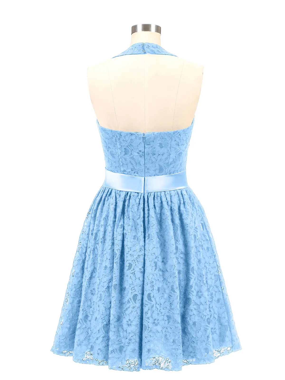 Halter V-neck Lace Dress with Satin Sash-Blue