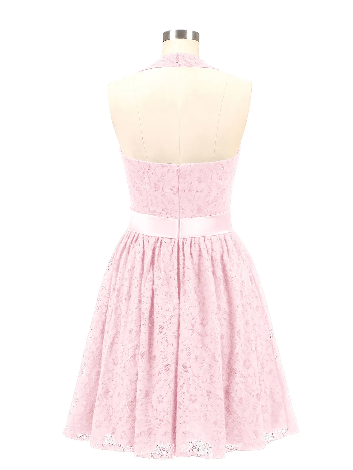 Halter V-neck Lace Dress with Satin Sash-Blushing Pink Plus Size