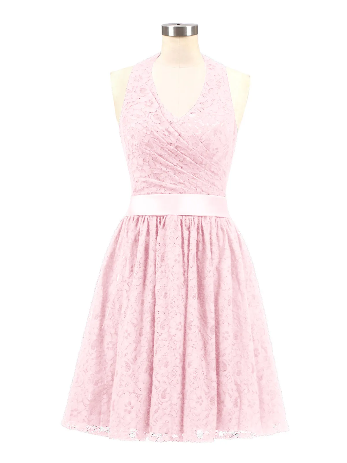 Halter V-neck Lace Dress with Satin Sash-Blushing Pink Plus Size