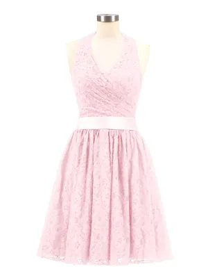 Halter V-neck Lace Dress with Satin Sash-Blushing Pink Plus Size