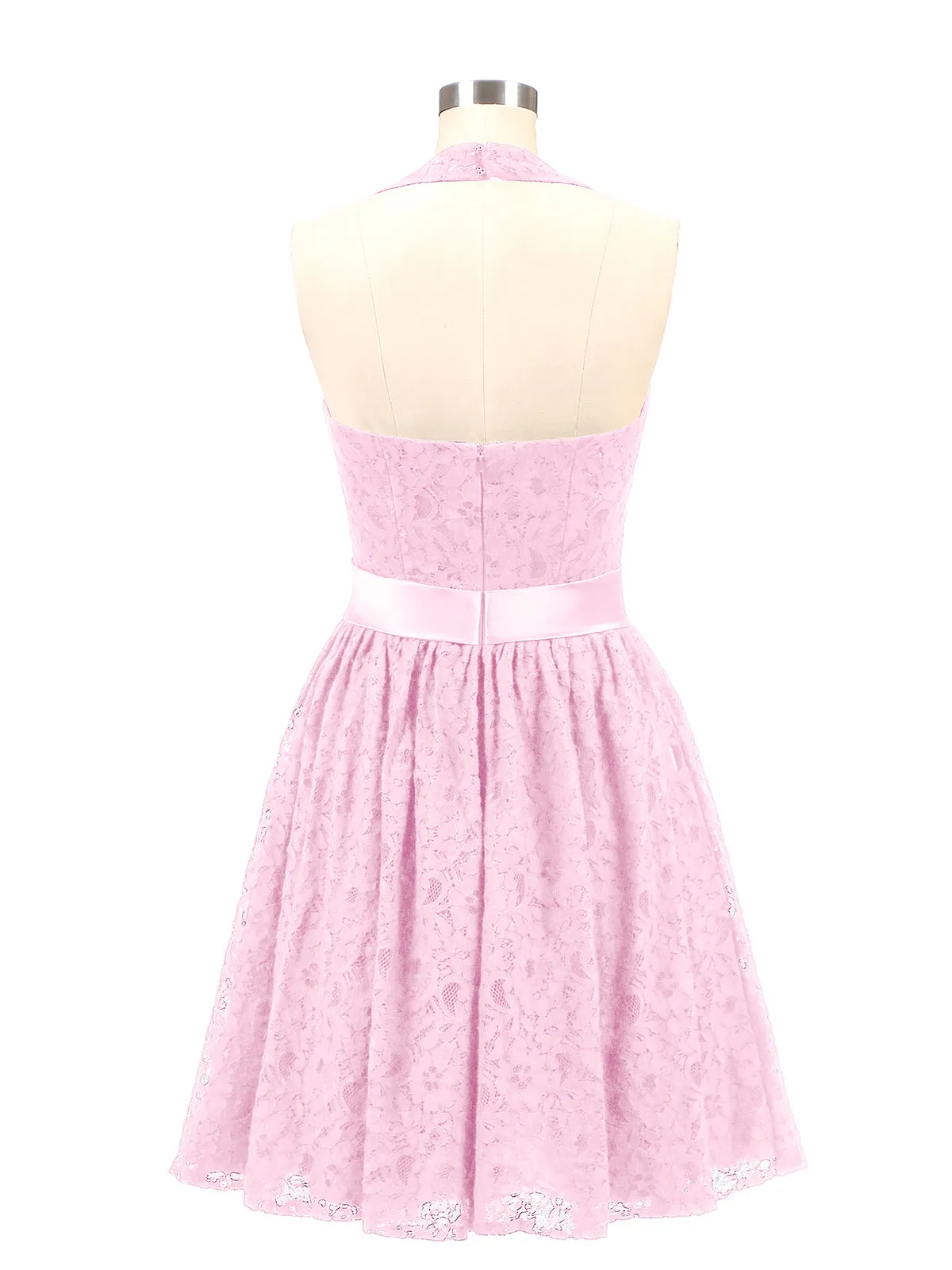 Halter V-neck Lace Dress with Satin Sash-Candy Pink Plus Size