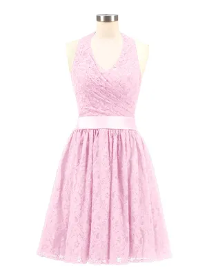 Halter V-neck Lace Dress with Satin Sash-Candy Pink Plus Size