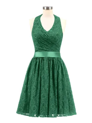 Halter V-neck Lace Dress with Satin Sash-Dark Green Plus Size