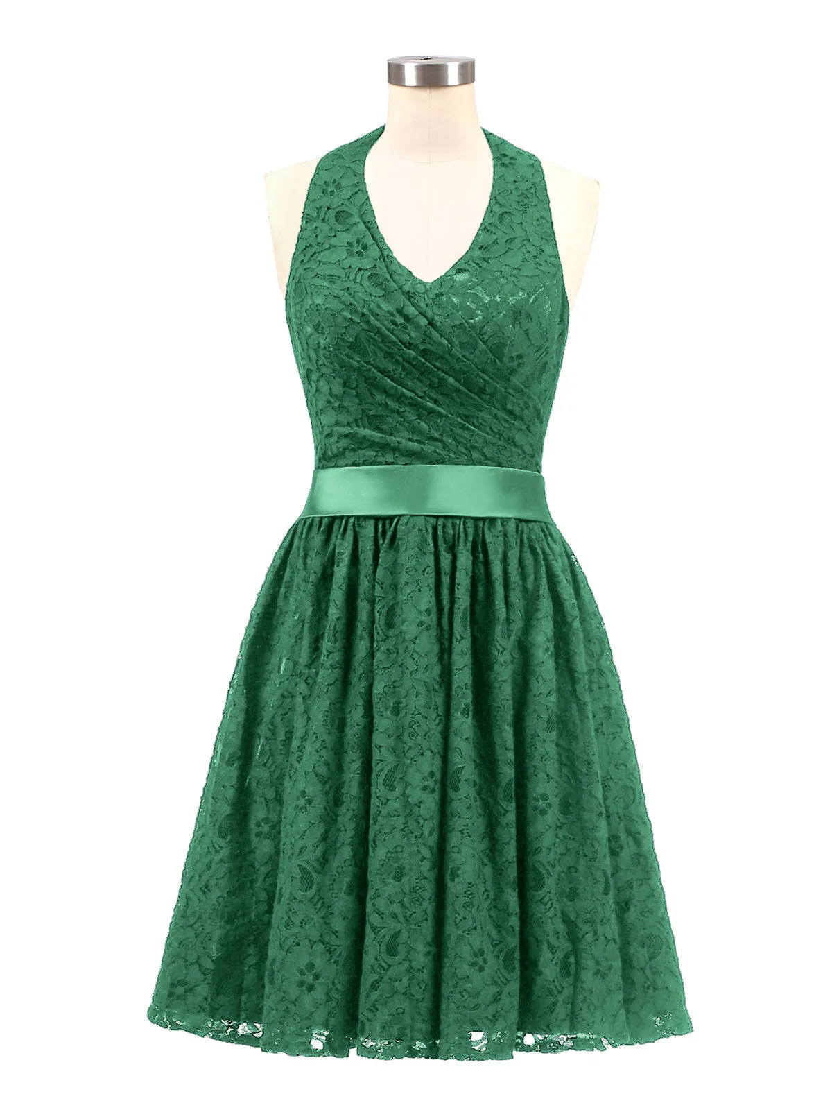 Halter V-neck Lace Dress with Satin Sash-Dark Green Plus Size