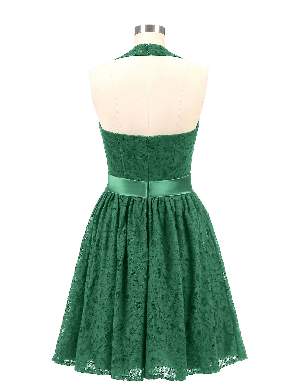 Halter V-neck Lace Dress with Satin Sash-Dark Green Plus Size