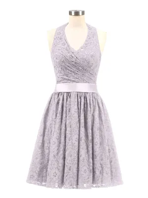 Halter V-neck Lace Dress with Satin Sash-Dusk