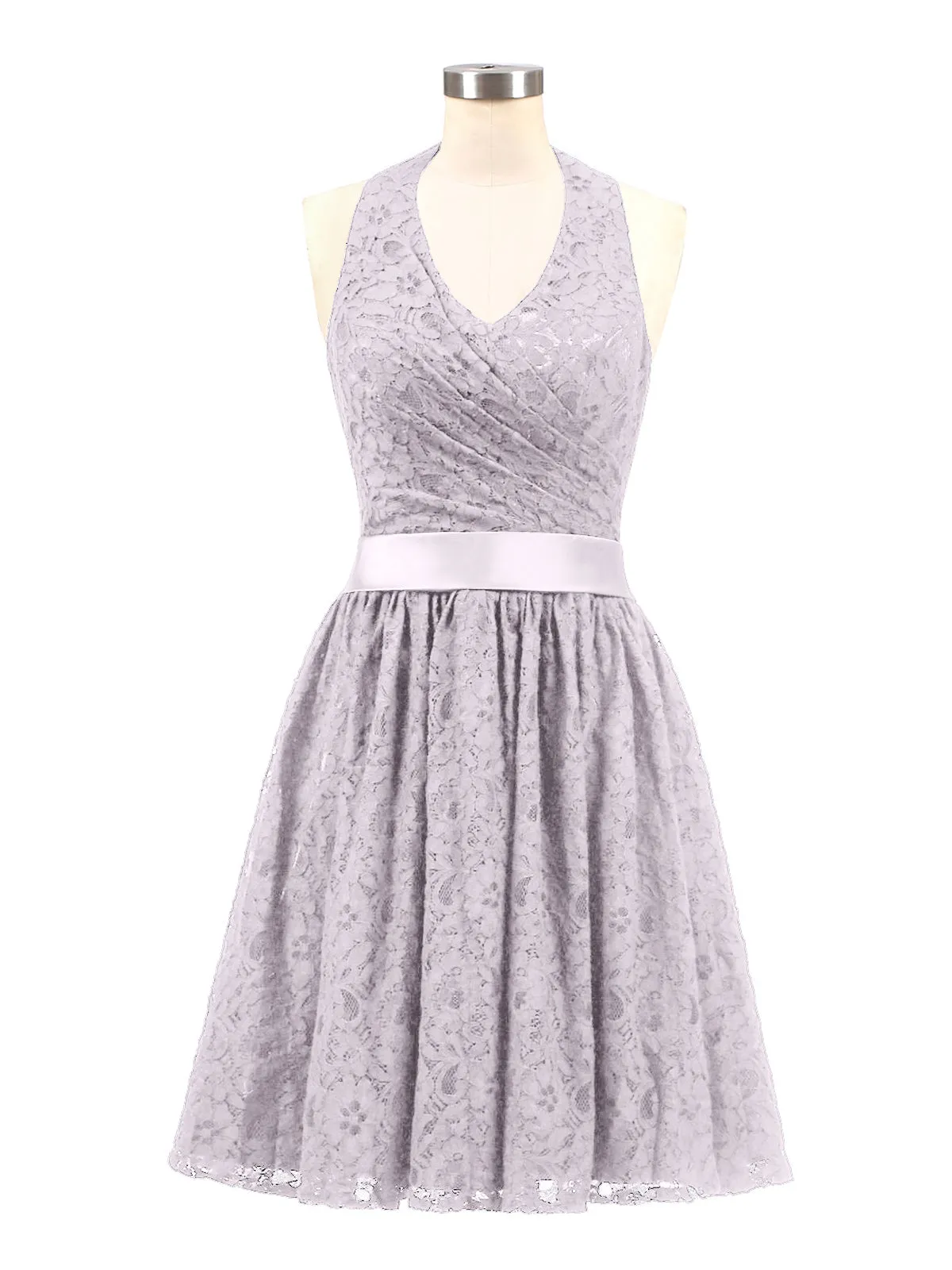 Halter V-neck Lace Dress with Satin Sash-Dusk