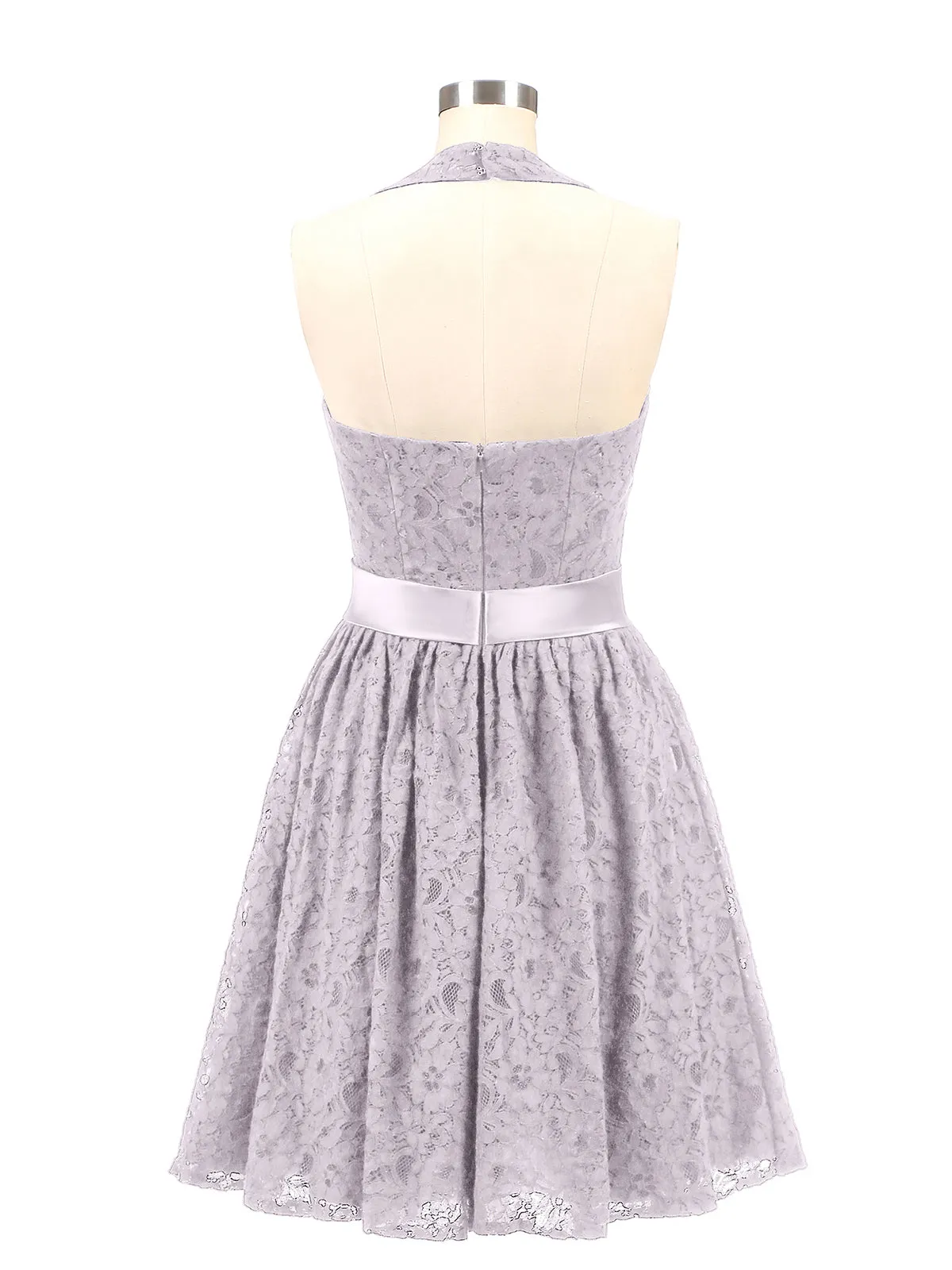 Halter V-neck Lace Dress with Satin Sash-Dusk