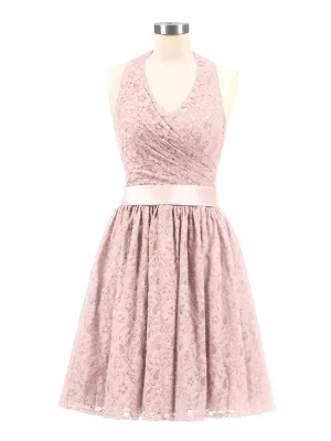 Halter V-neck Lace Dress with Satin Sash-Dusty Rose Plus Size