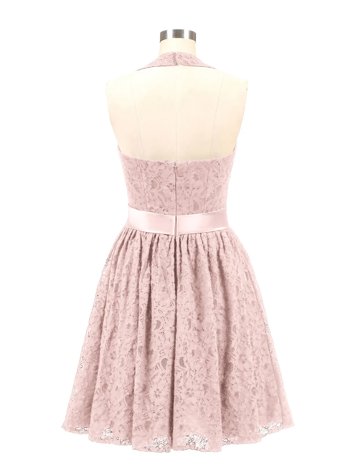 Halter V-neck Lace Dress with Satin Sash-Dusty Rose Plus Size