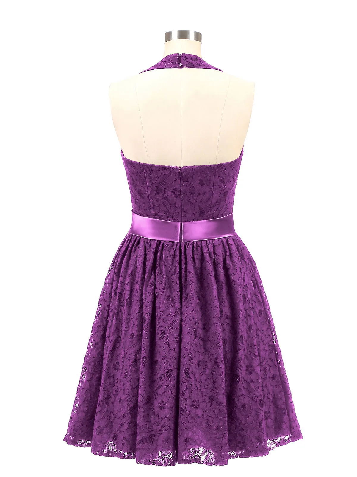 Halter V-neck Lace Dress with Satin Sash-Grape