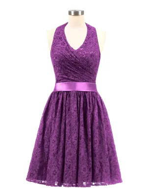 Halter V-neck Lace Dress with Satin Sash-Grape