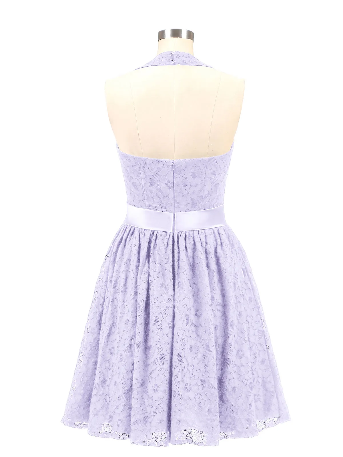 Halter V-neck Lace Dress with Satin Sash-Lilac Plus Size