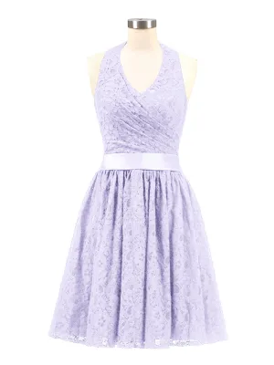 Halter V-neck Lace Dress with Satin Sash-Lilac Plus Size