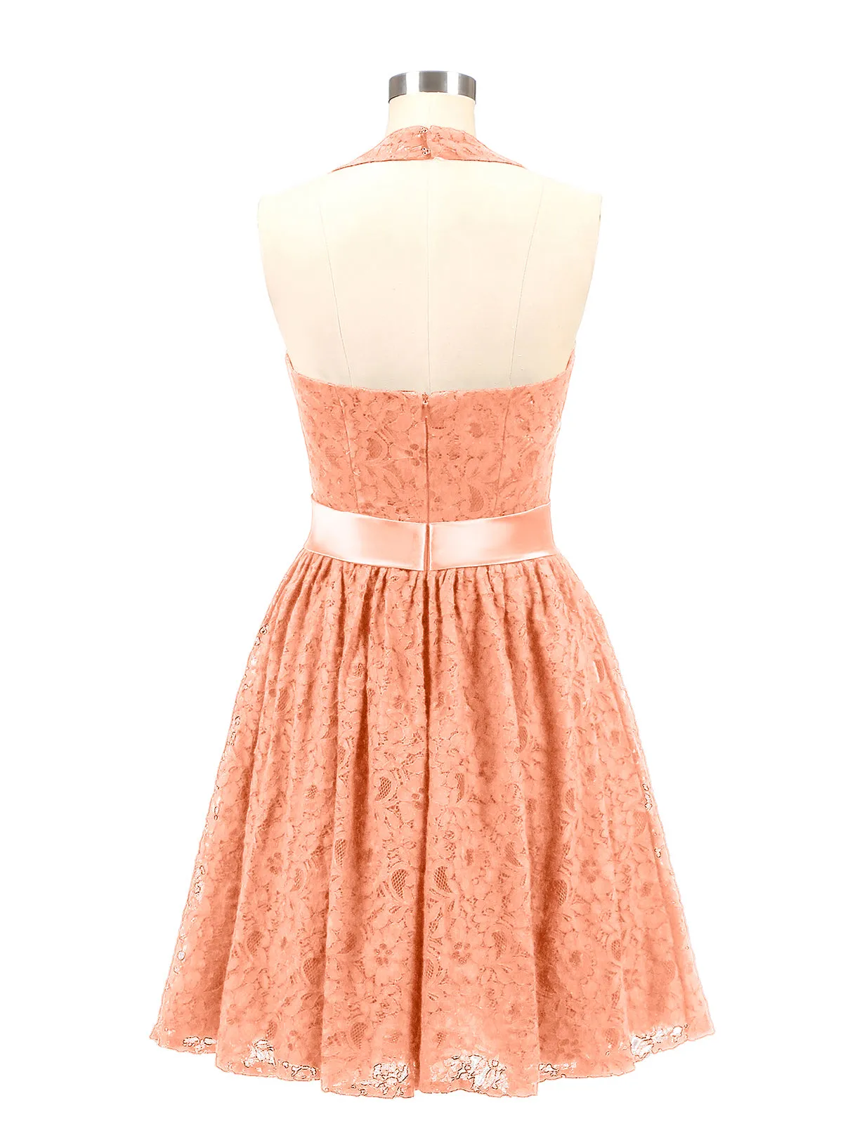 Halter V-neck Lace Dress with Satin Sash-Papaya Plus Size