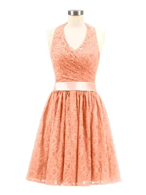Halter V-neck Lace Dress with Satin Sash-Papaya Plus Size