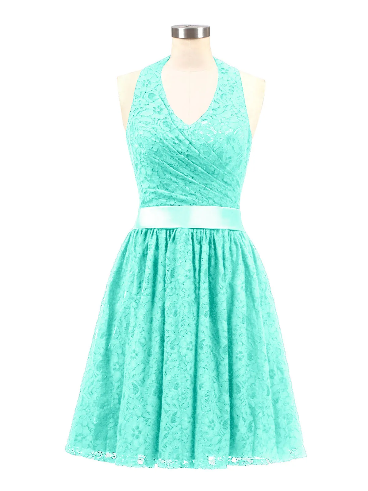 Halter V-neck Lace Dress with Satin Sash-Spa