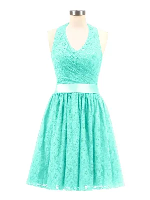 Halter V-neck Lace Dress with Satin Sash-Spa