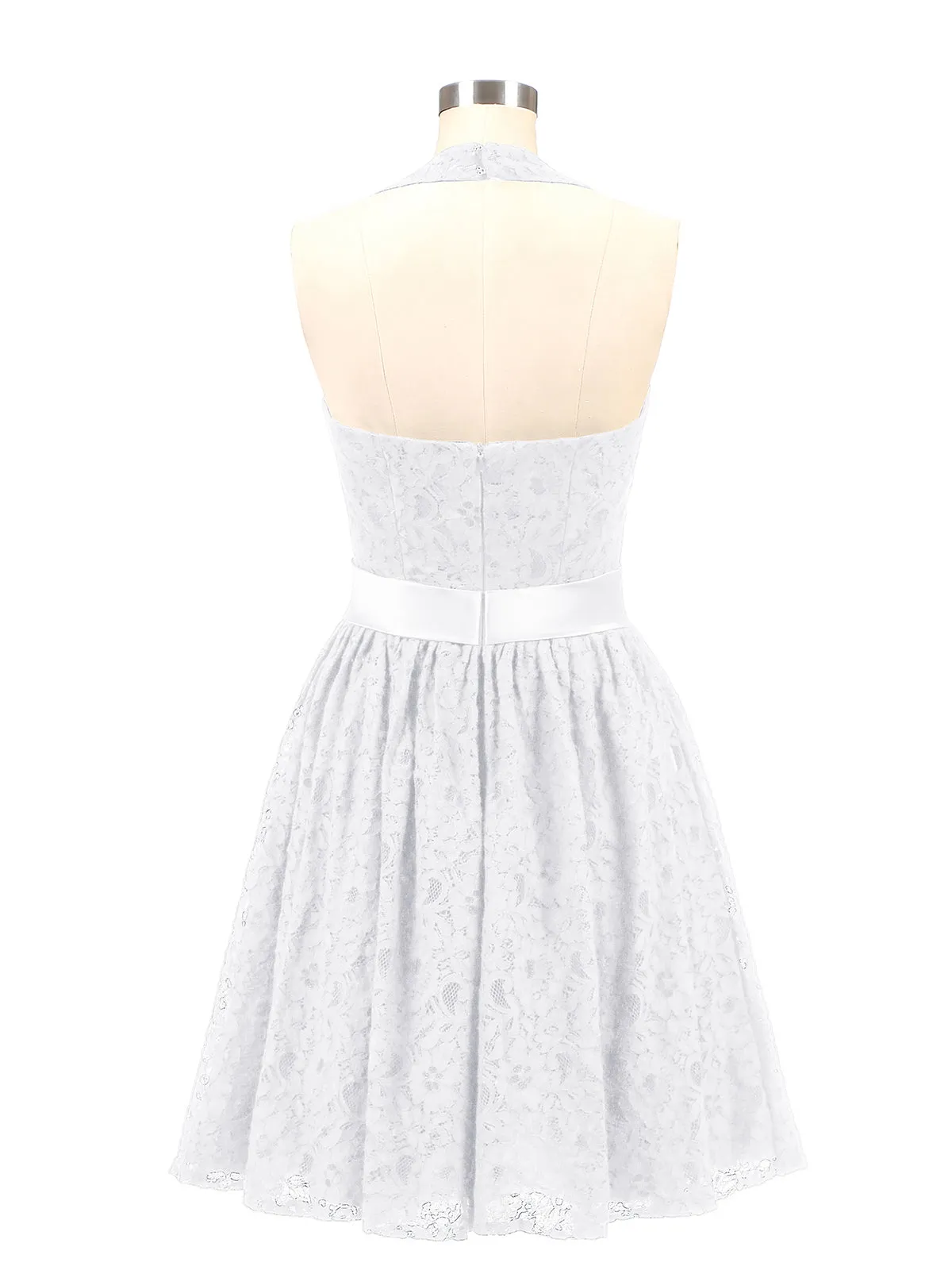 Halter V-neck Lace Dress with Satin Sash-White Plus Size