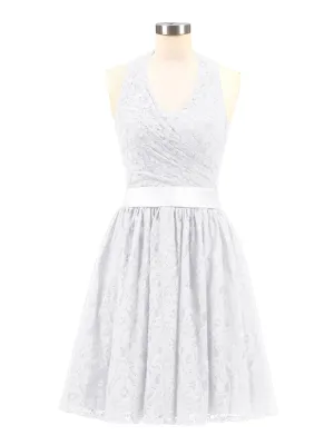 Halter V-neck Lace Dress with Satin Sash-White Plus Size