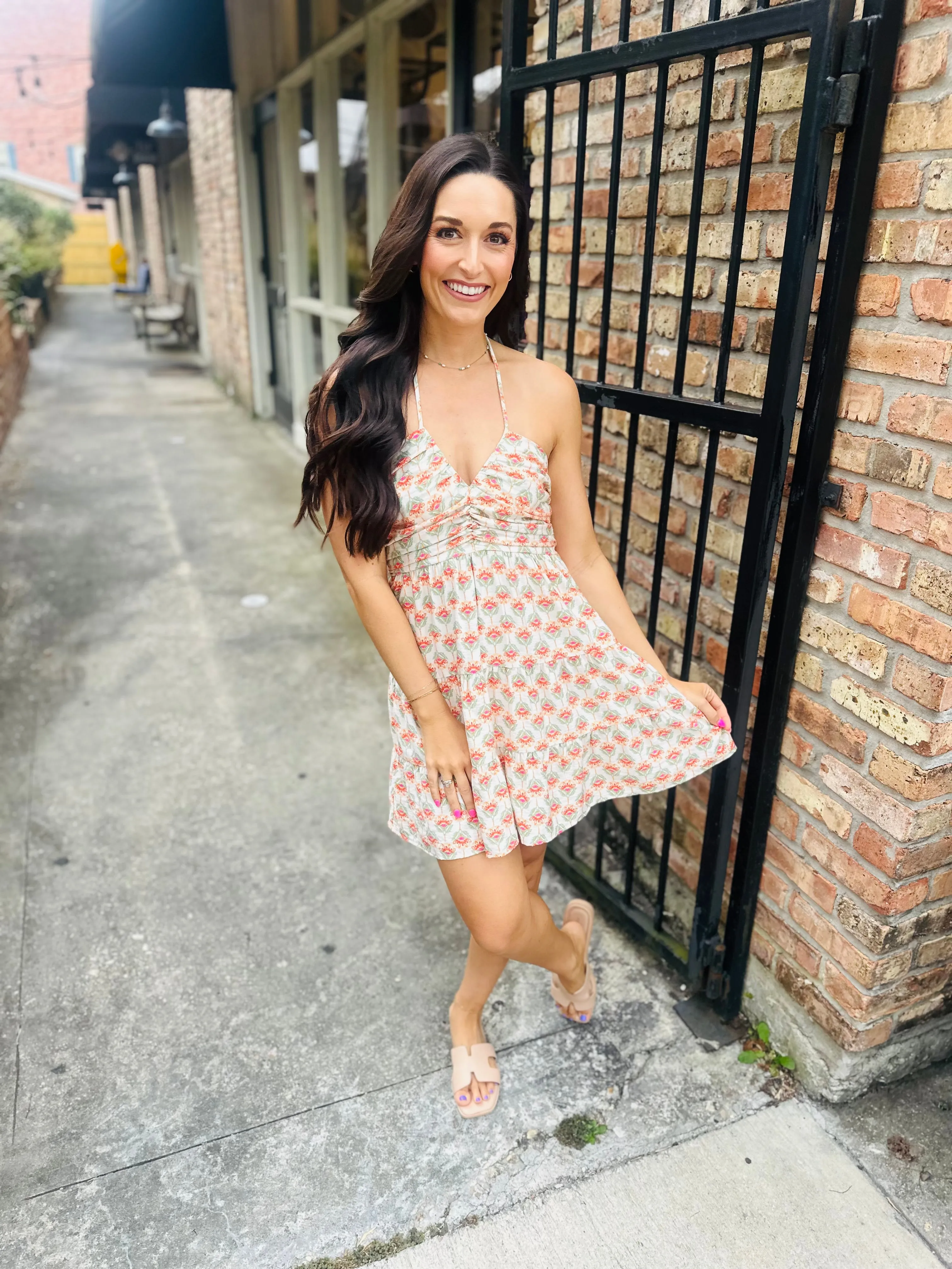 Hara Floral Halter Mini Dress- Off White/Multi