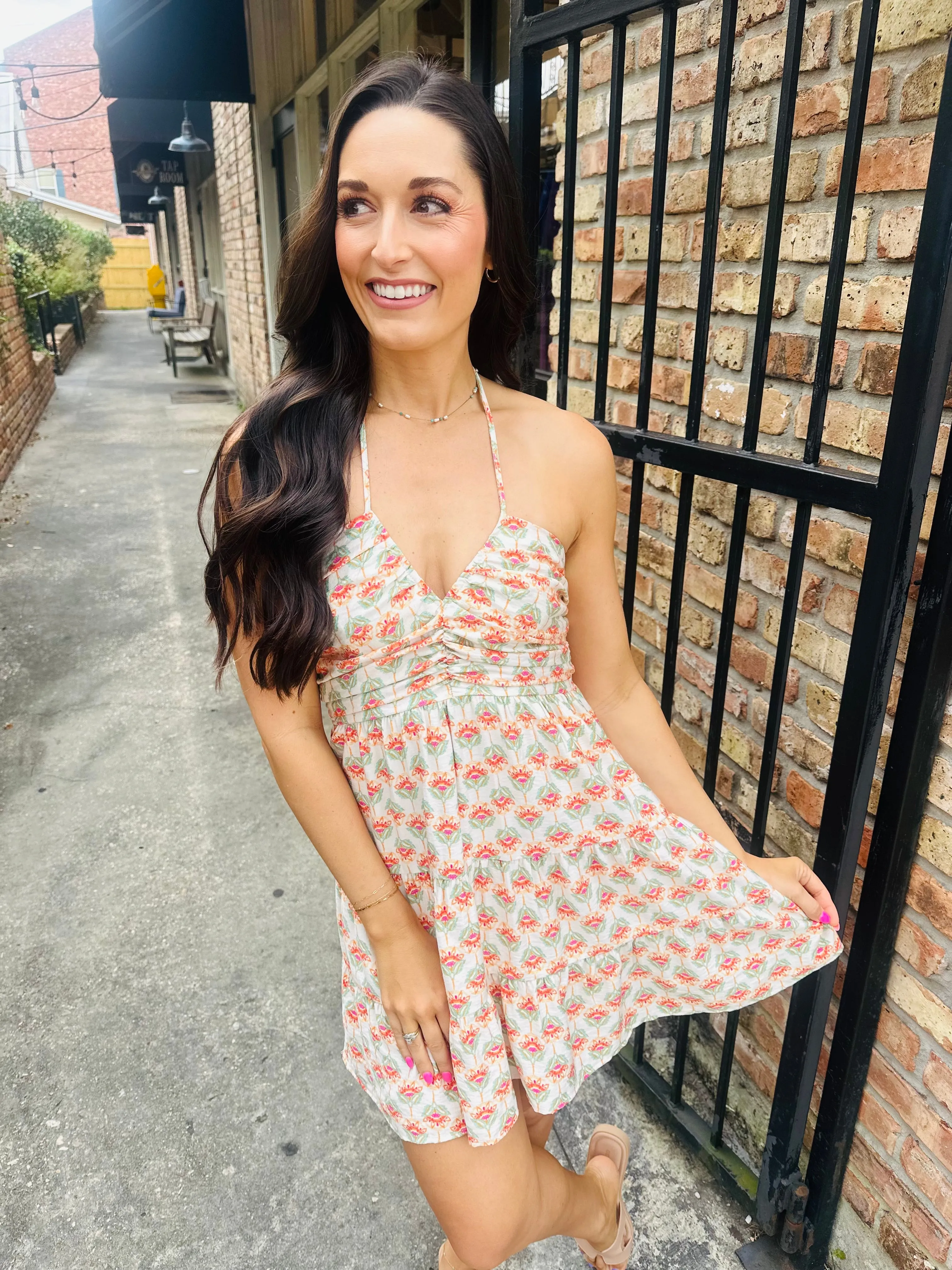 Hara Floral Halter Mini Dress- Off White/Multi