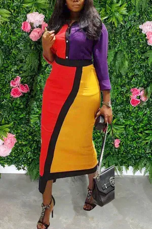 Hit Color Retro Button Down Midi Dress