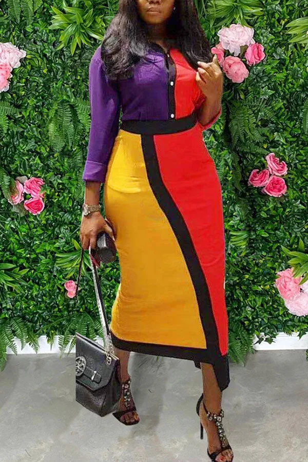 Hit Color Retro Button Down Midi Dress