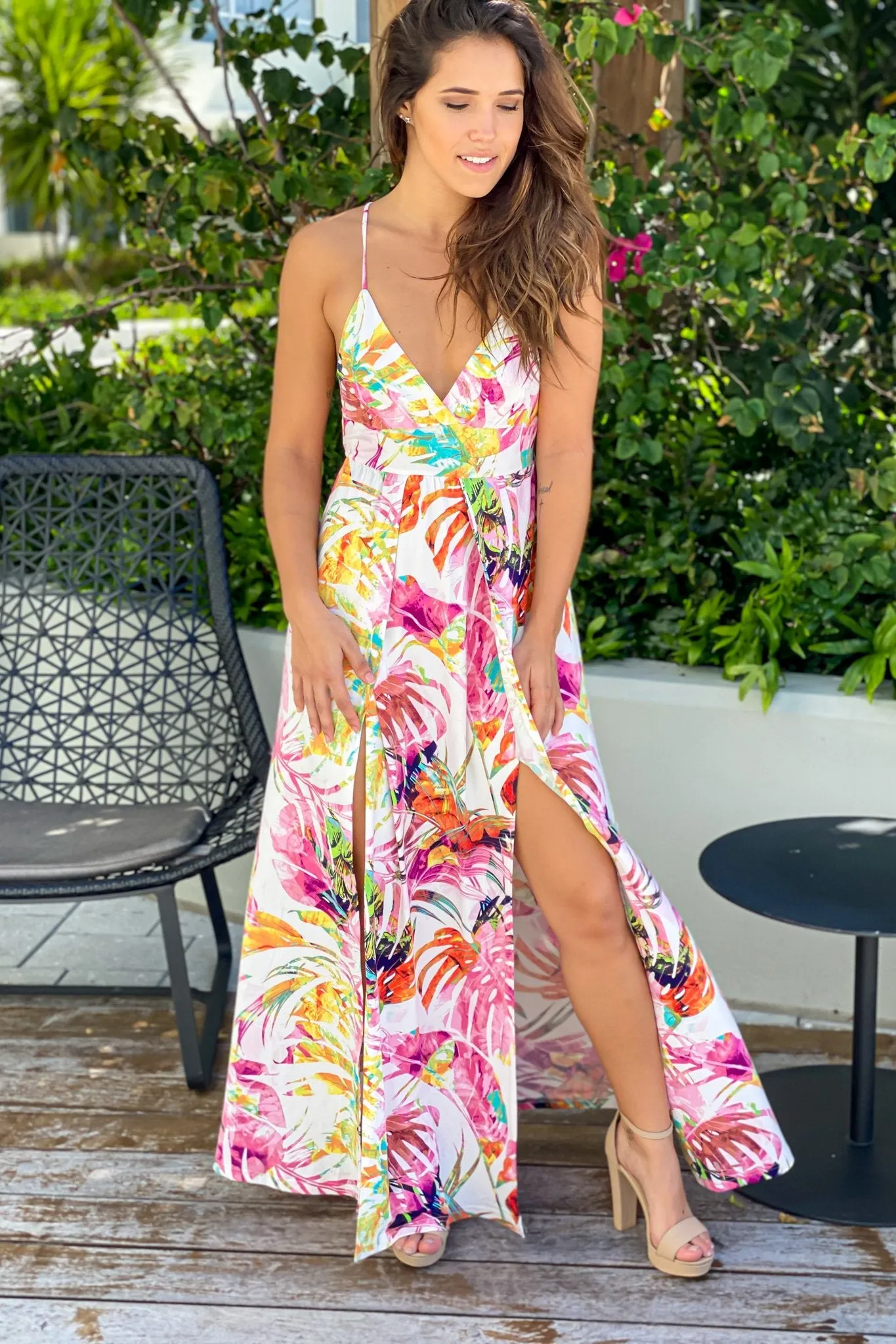 Ivory and Pink Printed Maxi Dress