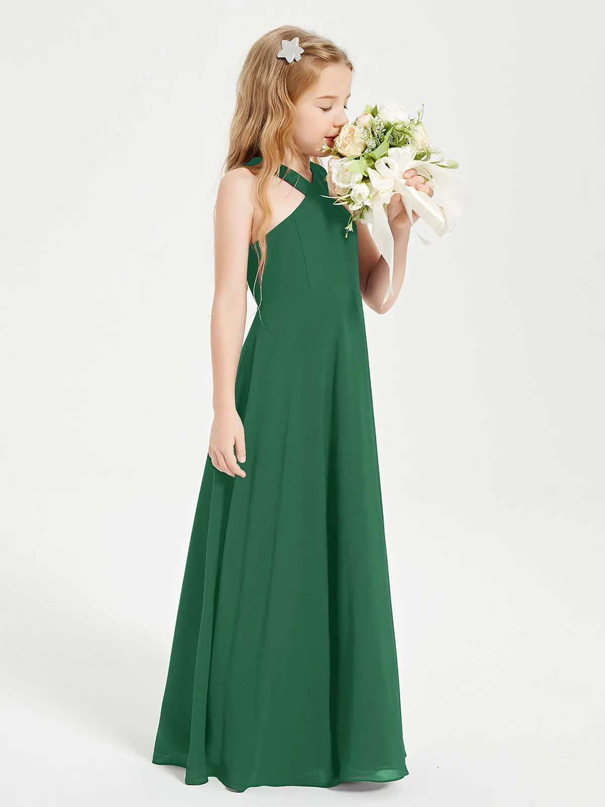 Junior Bridesmaid Dresses Grecian Neckline Floor Length Dark Green